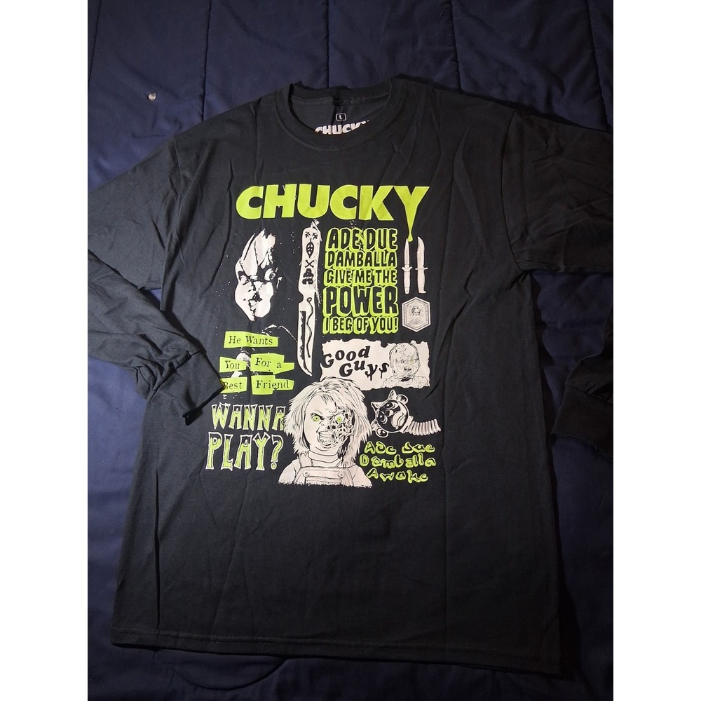Chucky Wanna Play Graphic T shirt Mens Large Black Long Sleeve Horror Halloween
